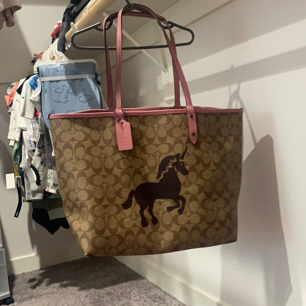 Coach Brown Signature Canvas Tote with Pink Trim and Horse Motif
